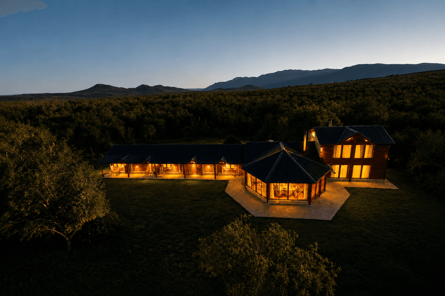 Lodge exterior at dusk